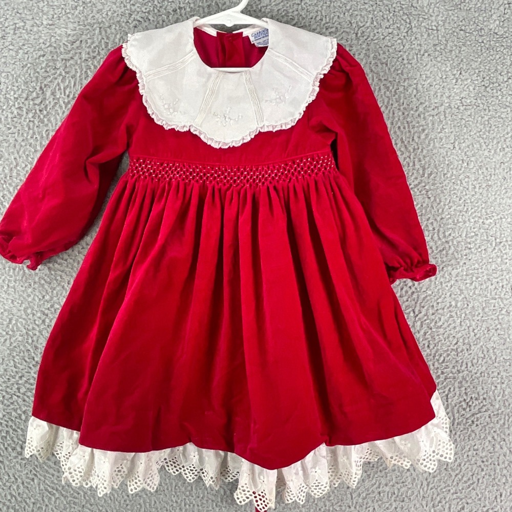 Carriage Boutique Velvet Dress Kids 4 Red Smocked Lace Collar Holiday Vintage